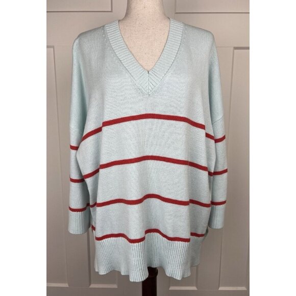 MERSEA Sweaters - Mersea Oversized V-Neck Sweater Aqua Red Stripe Coastal Knit One Size Tunic